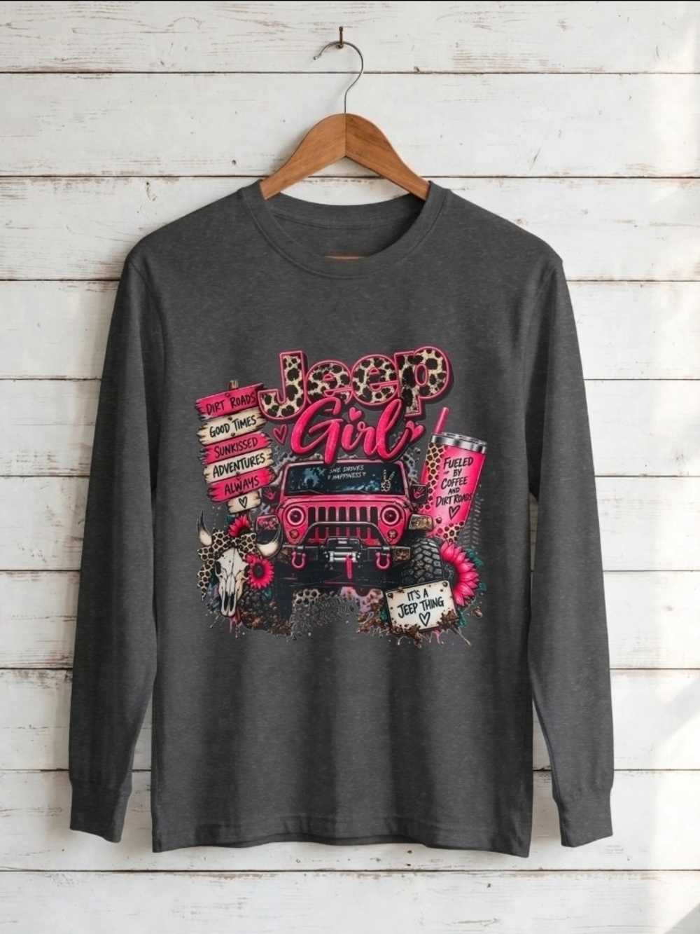 Jeep Girl Long Sleeve Tee - Dark Gray with Pink Graphic